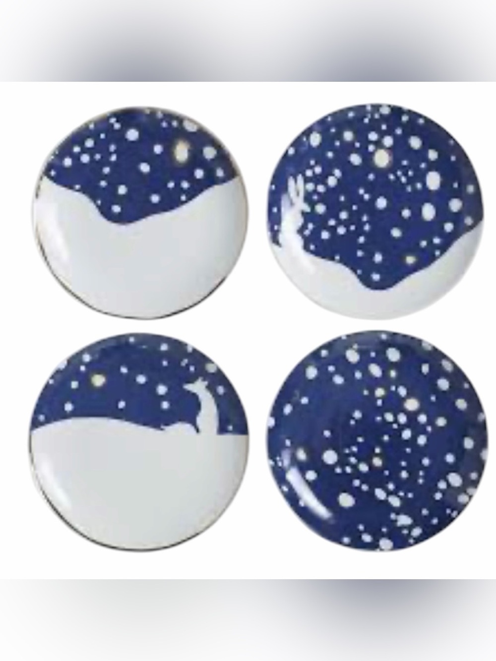 Eric & Eloise Set of 4 "Snowy" dessert plates. Blue, White, Navy. New in Box